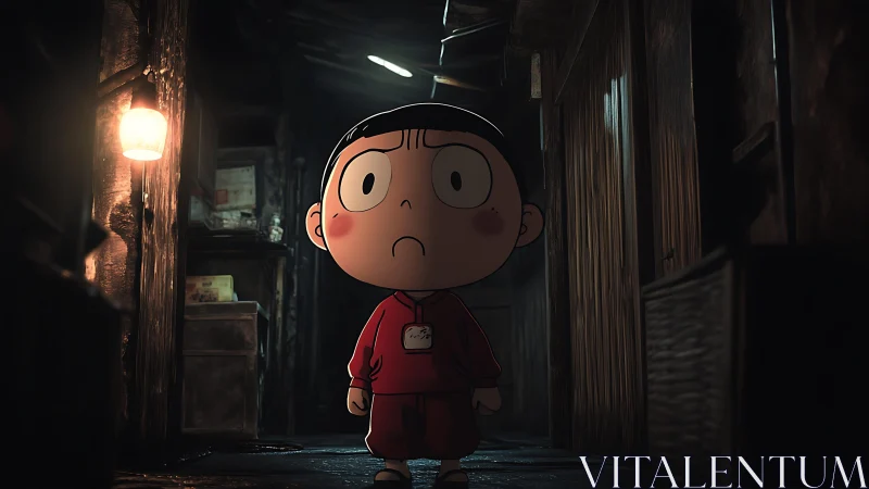 Small anime child stands anxious in a dim, narrow alleyway.