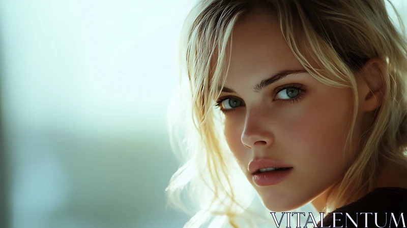 Sunlit gaze of a serene young woman in soft teal haze.