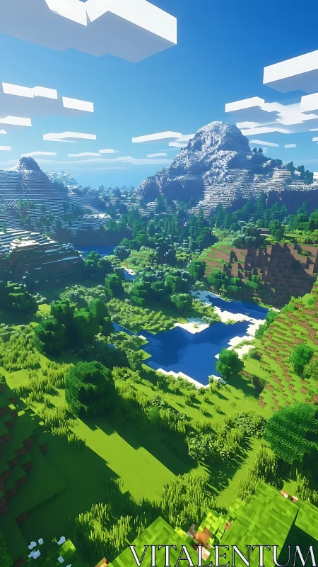 Blocky alpine valley basks in bright voxel summer light