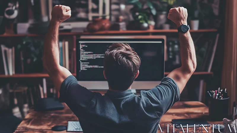 Joyful programmer celebrates a big coding breakthrough at desk