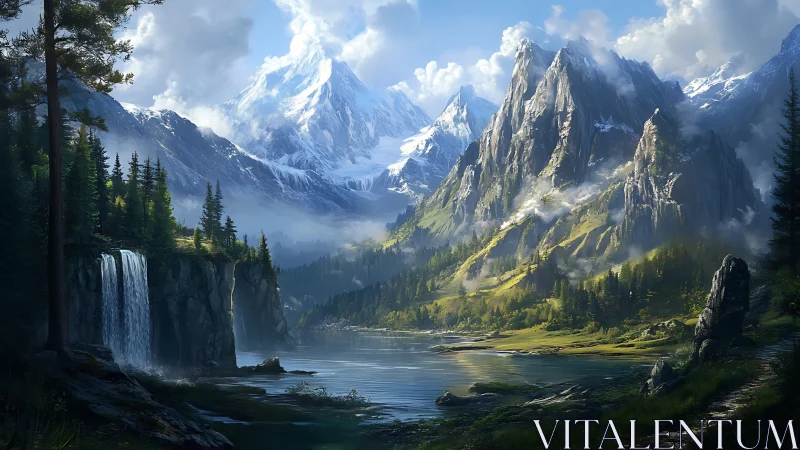 Panoramic alpine valley with glacial peaks, lake and waterfall