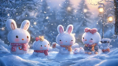 Snowy rabbit figures and animal toys in winter setting.