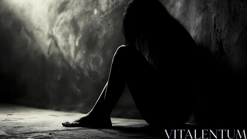 Silhouetted woman sits alone against dark textured wall