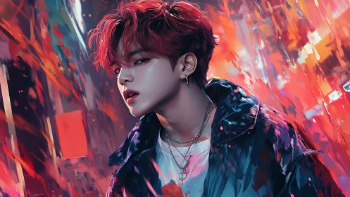 Digital painting portrait with neon urban brushwork intensity.