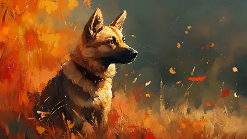 Autumn sentry dog gazes through swirling ember leaves.