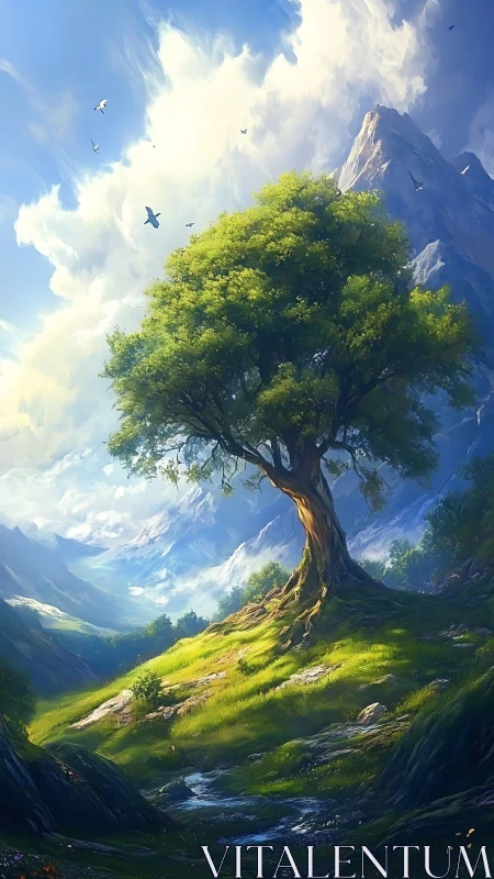 Solitary mountain tree rises above sunlit alpine valley
