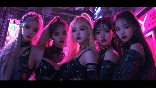 Five women in cyberpunk streetwear under neon city lights.