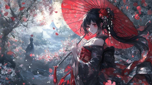 Cherry blossoms swirl as a quiet kimono daydream unfolds