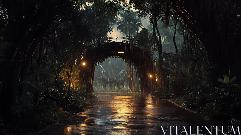 Rainy jungle road under bridge with distant dinosaurs.