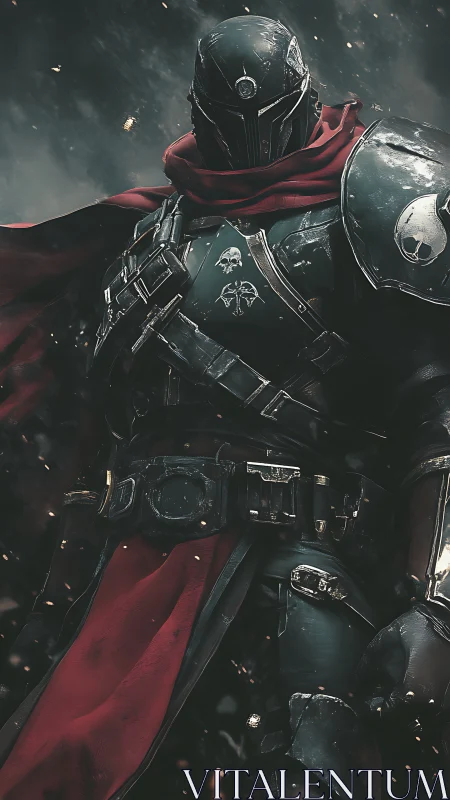 Battle-hardened space knight stands ready in stormy embers