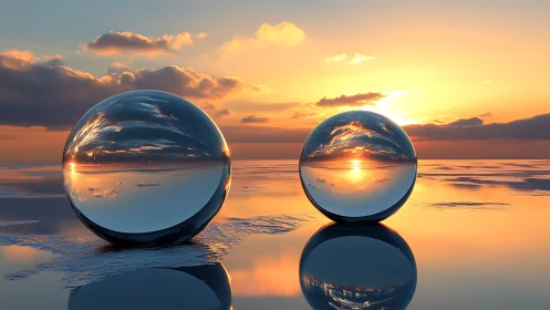 Sunset reflections captured in two floating chrome spheres.