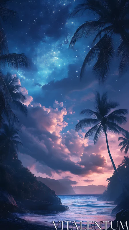 Tropical shoreline at dusk under star-filled clouded sky.