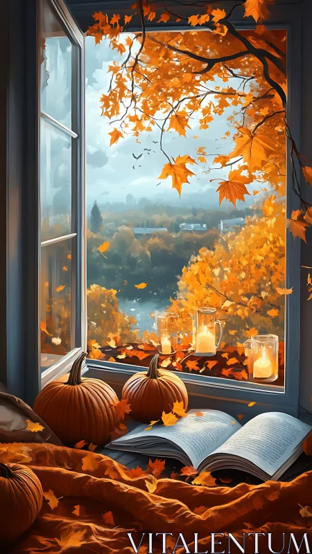 Autumn reading nook with pumpkins, candles and city landscape