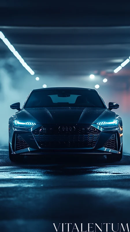 Midnight sports car waits under neon lights in quiet tunnel