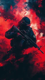 Tactical operator with assault rifle in red abstract smoke field.