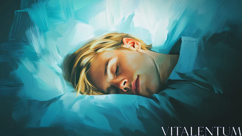 Sleeping person on pillow in blue-toned digital artwork.