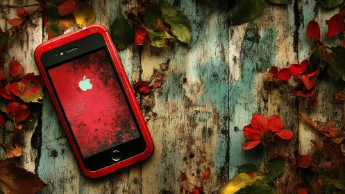 Red-cased smartphone on weathered teal wood with autumn foliage