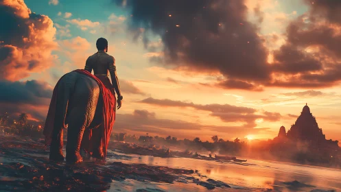 Sunset journey with elephant and distant riverside temple.