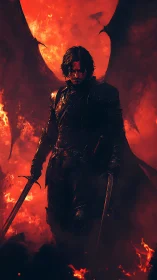 Dark winged swordsman against infernal eclipse backdrop.