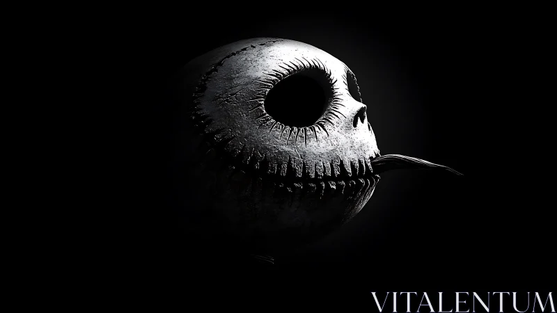 Monochrome skull-like 3D head is lit from the upper right side