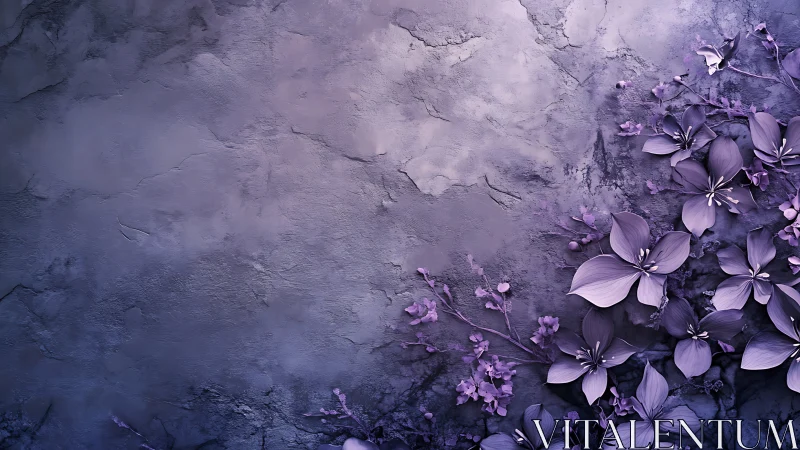 Purple flowers against weathered textured wall surface