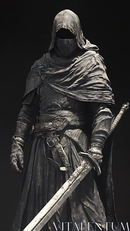 Hooded armored swordsman stands in full-length frontal pose