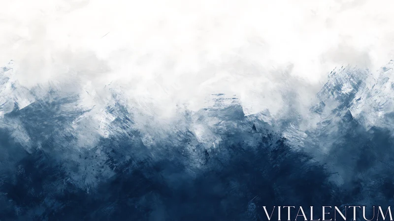 Abstract Blue and White Mountain Landscape in Watercolor Style.