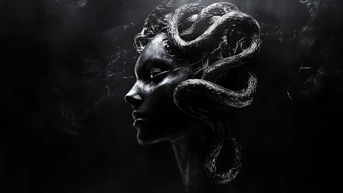 Serpents of Silence Crown a Shadowed Medusa Dreamscape.