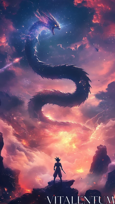 Starlit sky serpent confronts lone hero above burning clouds.