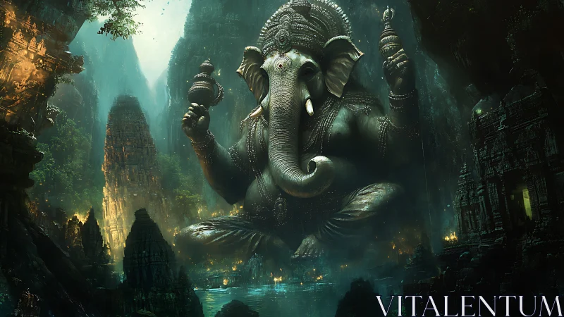 Colossal luminous Ganesha statue suspended in misted jungle cavern