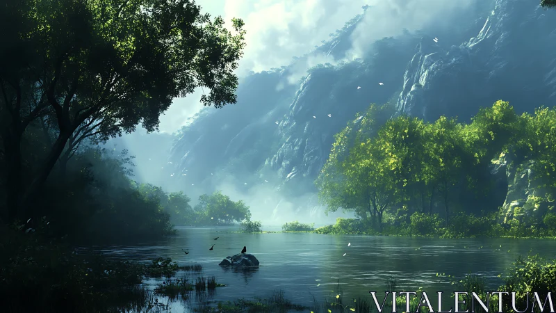 Lush river valley framed by dense trees and cliffs.