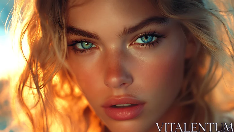 Digital close-up portrait of blue-eyed woman at sunset.
