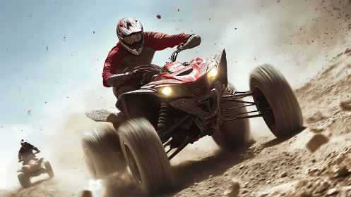 Quad bike rider powers through dusty off road track.