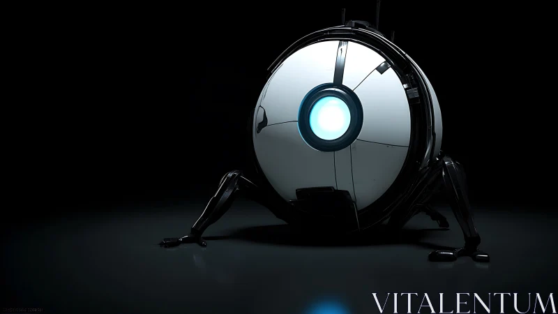 Spherical robot unit stands in dark studio environment