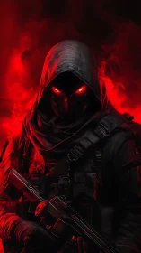 Hooded futuristic assassin emerges from red infernal smoke