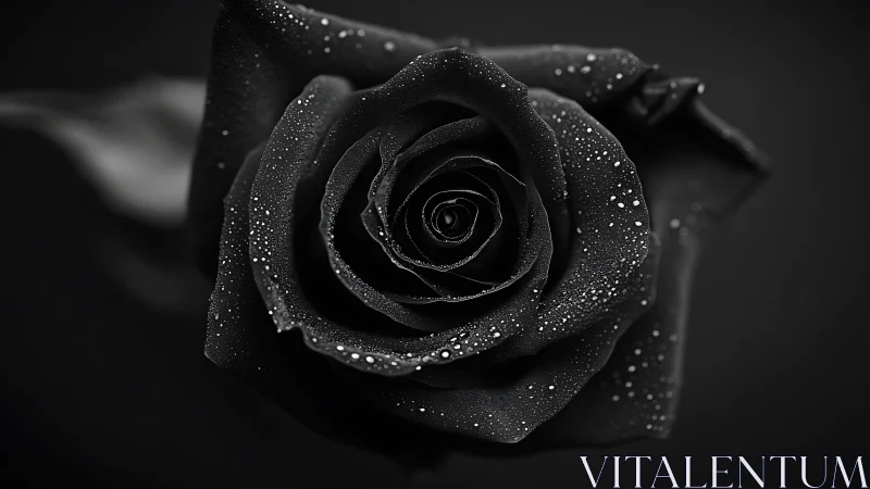 Black rose macro in dramatic monochrome with dewdrops.
