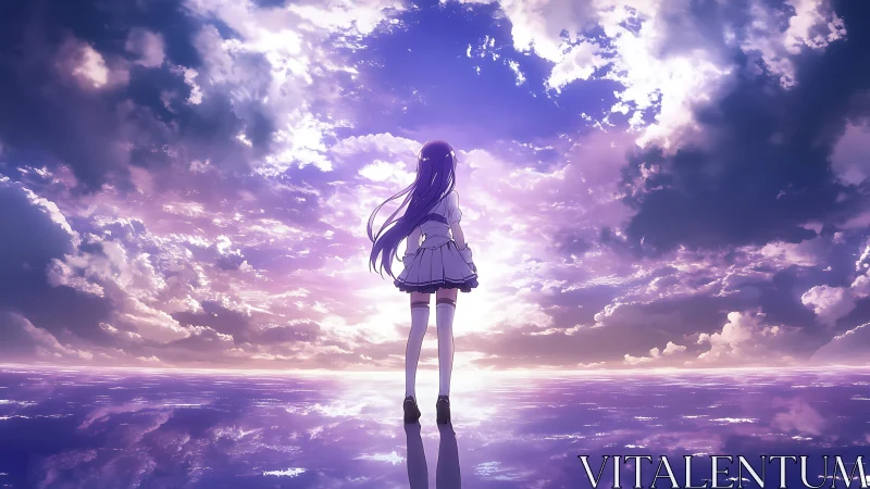 Solitary girl on reflective sea under dense violet clouds.