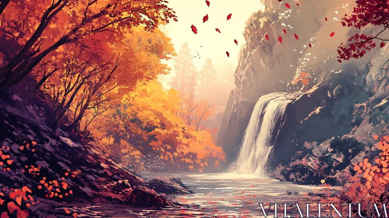 Autumn canyon waterfall beneath glowing sunrise haze.