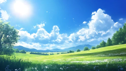 Sunlit alpine meadow under cumulus cloud deck, digital landscape.