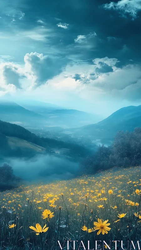 Golden wildflower meadow overlooks misty blue mountain valley