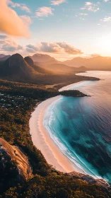 Aerial coastal landscape in warm sunset photographic style.