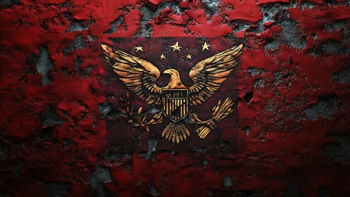Gilded heraldic eagle relief on distressed red wall.
