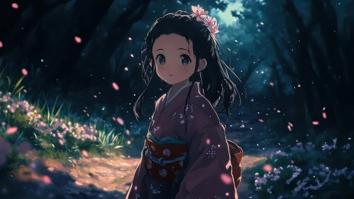 Twilight petals follow a quiet kimono girl through forest dusk
