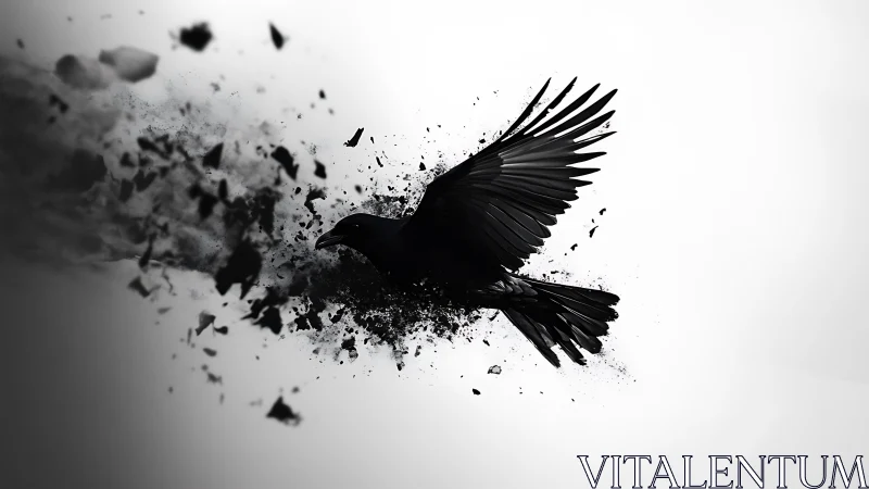 Dark crow erupts from shattering ink, frozen in stark flight