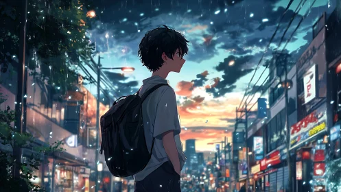 Anime cityscape profile under rainlit sunset sky composition.
