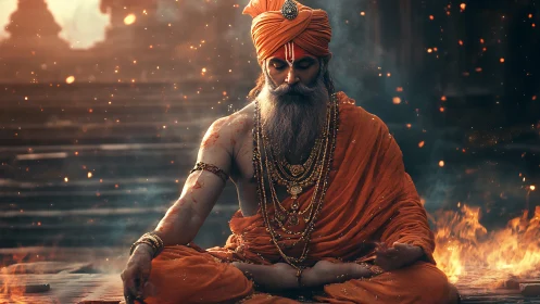 Mystic sage in blazing orange robes amid rising embers.