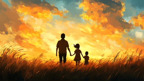 Golden evening sky cradles a family walking through tall grass