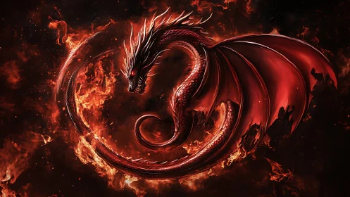 Coiled crimson dragon forms a fiery circular vortex in darkness