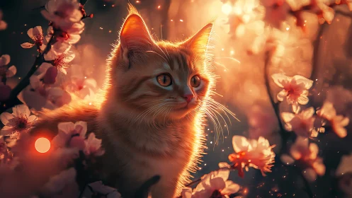 Glowing cat bathed in golden sunset among blooming flowers.