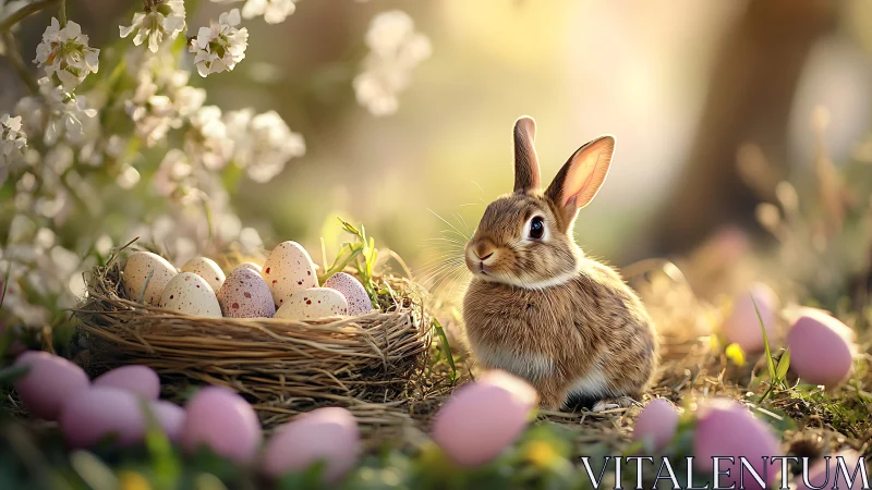 Brown rabbit beside nest of speckled eggs in spring garden.